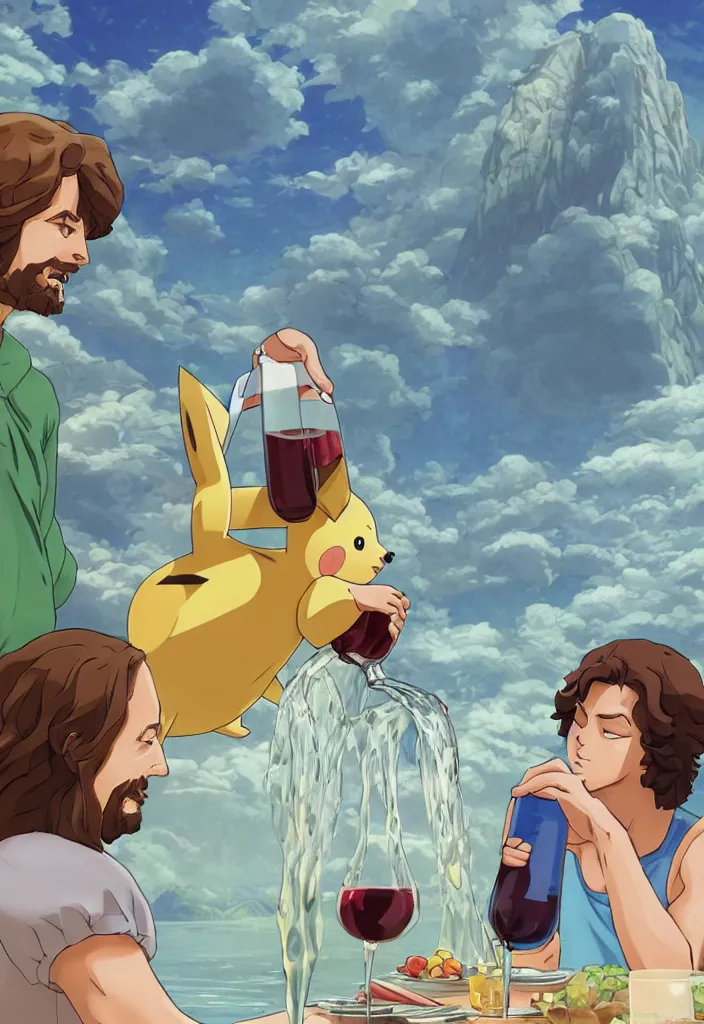 Prompt: a portrait of jesus turning water in wine, pikachu drinking wine by dan mumford, yusuke murata and makoto shinkai, 8 k, cel shaded, unreal engine, featured on artstation, pixiv