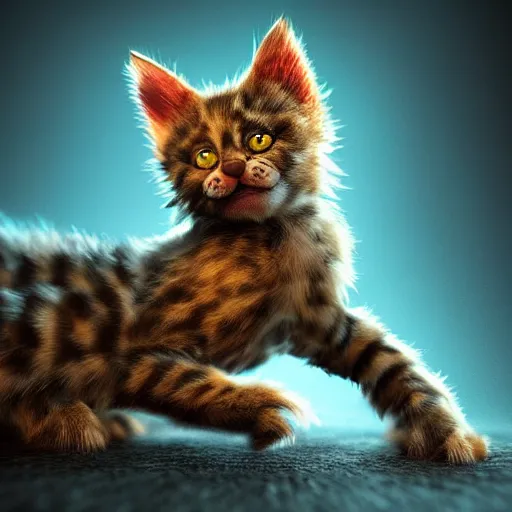 Image similar to full body pose, hyperrealistic photograph of a grotesque kitten, dim volumetric lighting, 8 k, octane beautifully detailed render, extremely hyper detailed, intricate, epic composition, cinematic lighting, masterpiece, trending on artstation, very very detailed, stunning, hdr, smooth, sharp focus, high resolution, award, winning photo, dslr, 5 0 mm