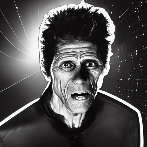 Image similar to willem dafoe face in the night sky, ominous, spooky, cinematic, hyperrealistic