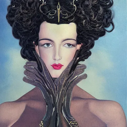 Image similar to oil painting of a portrait of a Queen dark curly hair, fair skin, by Patrick Nagel, by Georgia O Keeffe, by Yoshitaka Amano, by Gustave Moreau, art deco, matte drawing, storybook illustration, tonalism, realism