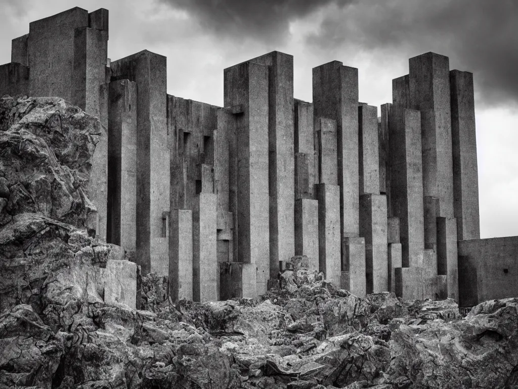 Image similar to photo of a brutalist symmetric cathedral built over a rocky hill, in the middle of a storm. realistic clouds. impressive, magical, very atmospheric, cinematic, very high complexity, stunning, masterpiece, romantic, very detailed. 4 k