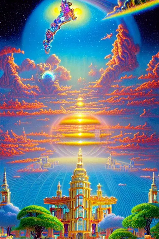 Prompt: a photorealistic detailed cinematic image of a beautiful vibrant iridescent future for human evolution, spiritual science, divinity, utopian, cumulus clouds, ornate architecture, isometric palace, ornate intricate embellished kingdom. visionary art fantasy jewels and diamonds, intelligent design beings, symphony of bliss, by david a. hardy, kinkade, lisa frank, wpa, public works mural, socialist