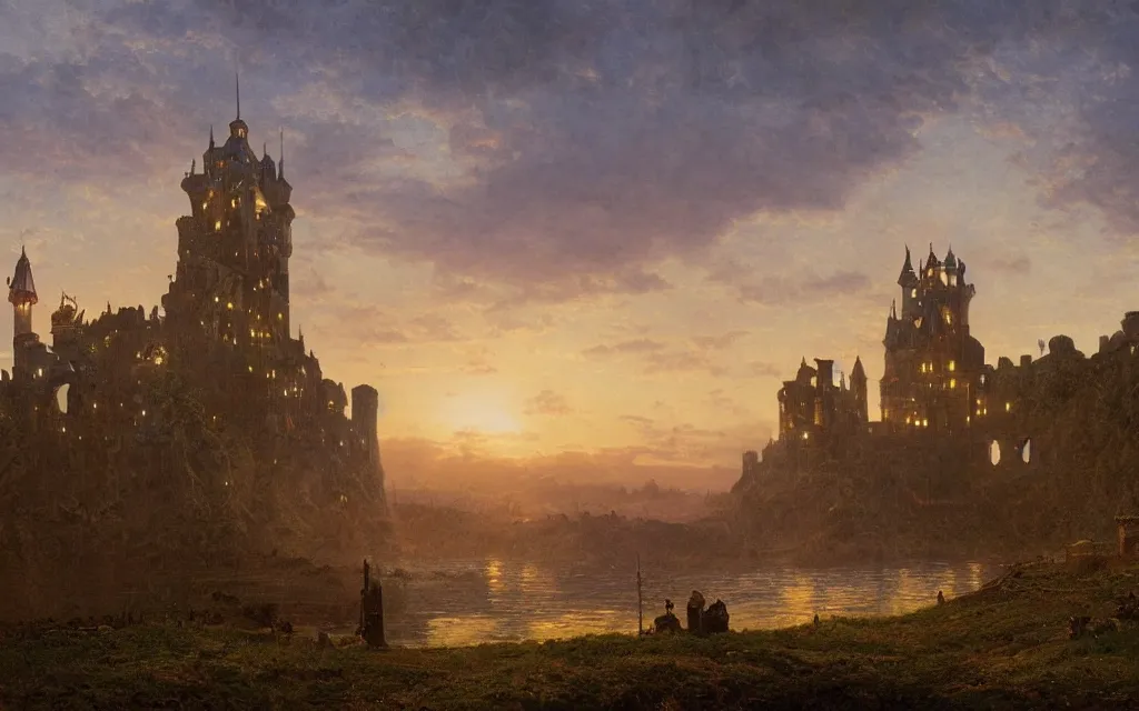 Prompt: large grand medieval castle at dawn, on a hill, small town surrounding, steampunk, ocean in the distance, cinematic lighting, intricate ink illustration, by albert bierstadt