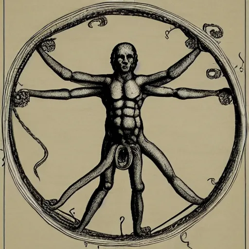 Image similar to drawing of octopus in style of Vitruvian Man by Leonardo da Vinci