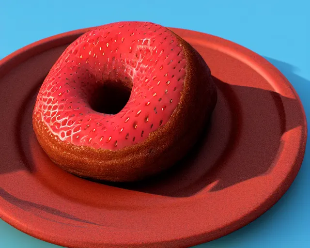 Prompt: 3d render of a strawberry donut on a plate, blue colored room, brick walls, blender, realistic