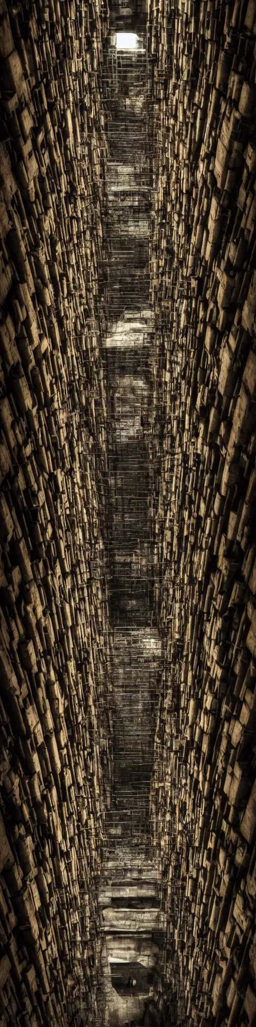 Prompt: a vertical prison in a pit with a hole in the center where every day a platform full of food goes up and down. dark style, filmography, cinematic lighting, side view