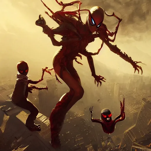 Image similar to evil spiderwoman capturing children that are bugs, 8 k octane beautifully detailed render, post - processing, extremely hyper - detailed, intricate, epic composition, cinematic lighting, masterpiece, trending on artstation, masterpiece, stunning art by anders zorn, wonderful masterpiece by greg rutkowski, beautiful cinematic,