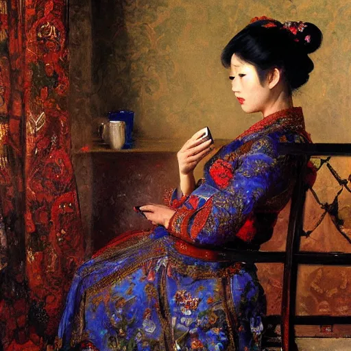 Image similar to portrait of asian beautiful woman watching smartphone masterpiece painting by vasnetsov and surikov, JEAN-VICTOR BERTIN, by Terence Cuneo, detailed, artfully traced, 4k resolution, cinematic