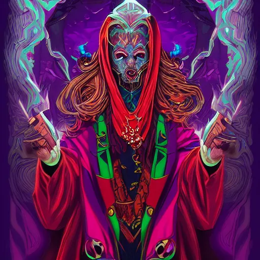 Image similar to digital full character painting of a powerful warlock, hyperdetailed, vivid colors, beautiful, magic spell, by Dan Mumford, trending on Artstation