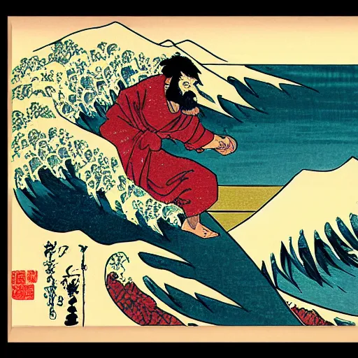 Image similar to bearded man surfing, woodblock print, style of hokusai, fine art, style of kanagawa, painting