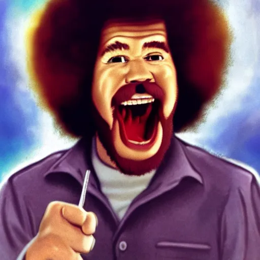 Prompt: bob ross hanging outside of a car window and screaming on a bad acid trip
