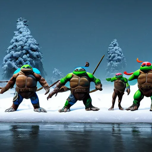 Image similar to the ninja turtles surfing on snow, digital art, trending in artstation, cinematic lighting, studio quality, smooth render, unreal engine 5 rendered, octane rendered, art style and nixeu and wlop and krenz cushart