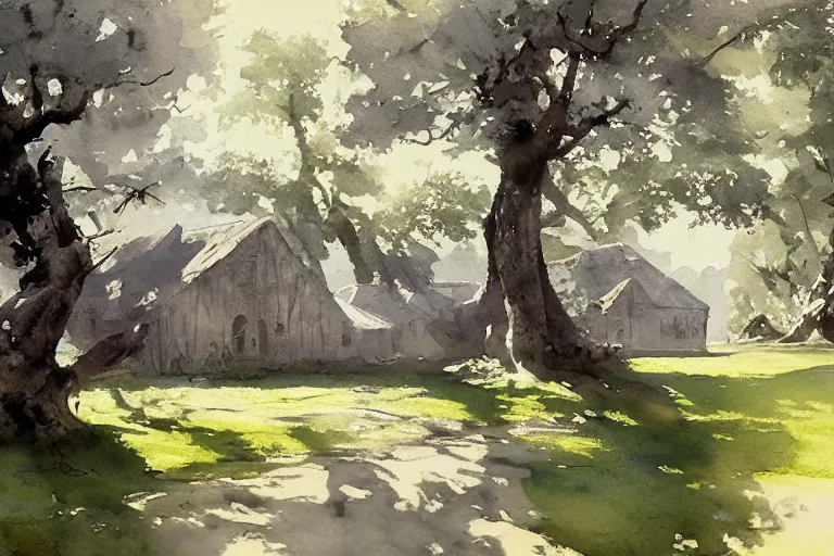 Image similar to small centered on watercolor paper, paint brush strokes, abstract watercolor painting of ancient viking house in city park, palm and oak trees, sunshine though foliage, translucent leaves, cinematic light, national romanticism by hans dahl, by jesper ejsing, by anders zorn, by greg rutkowski, by greg manchess, by tyler edlin