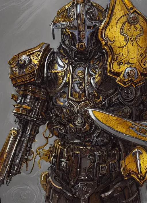 Image similar to dynamic portrait of a intricate glorious holy mechanical warforged character in yellow armor holding a paladin engraved great longsword and carrying a big paladin shield, spotlight from face , epic , trending on ArtStation, masterpiece, cinematic lighting, by Jesper Ejsing and by Philippe Druillet and by Yoann Lossel and by John Salminen