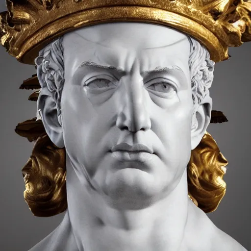 Image similar to portrait of jeff bezos in the form of a giant greek statue in marble, with a gold crown, baroque elements in the background, museum. intricate artwork by michelangelo. photorealistic. ultra detailed. flash. octane render. cinematic. 4 k bokeh.