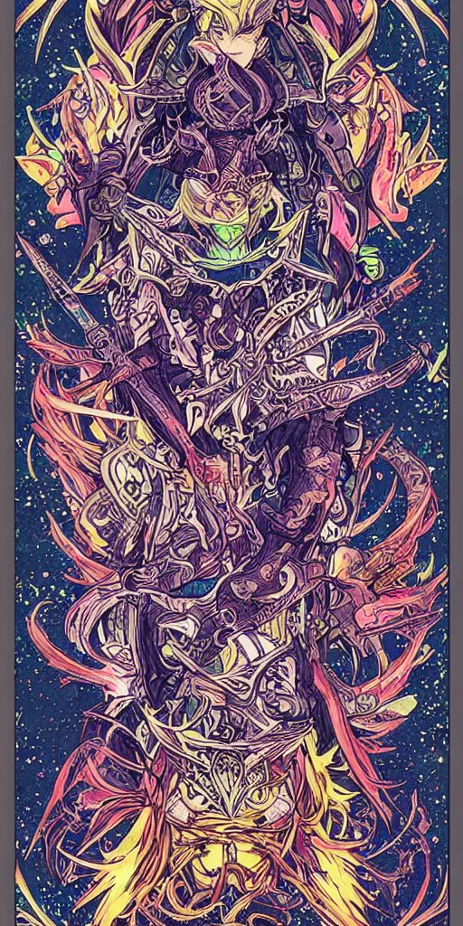 Image similar to a ninja from final fantasy 14, intricate, amazing line work, cosmic, psychedelic, cheerful, colorful, tarot cards, the devil tarot card