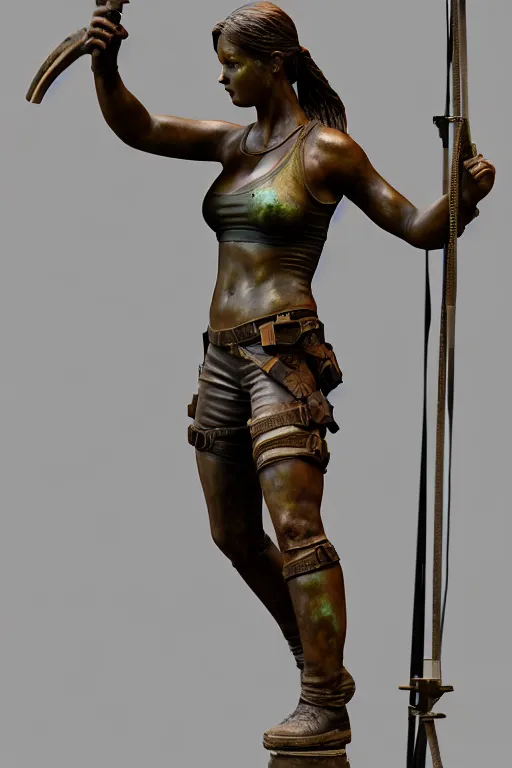 Image similar to detailed studio photo of old bronze patina statue lara croft, full body portrait, various poses, photorealism, intricate detail, museum diffuse lighting