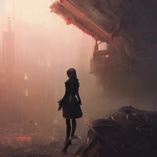 Image similar to a portrait of 2 b nier automata, post apocalyptic earth in the background as seen by greg rutkowski, dark theme, enchanted, warm colors, high quality, waw, trending on artstation