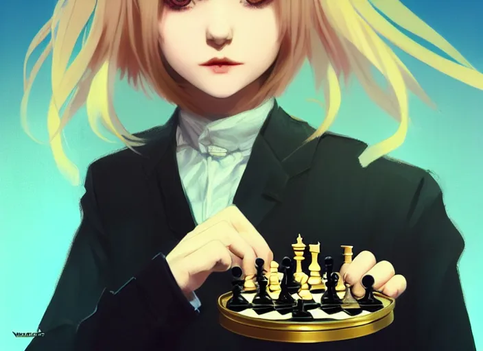 Image similar to a pale ilya kuvshinov playing chess, with golden eyes, straight sky blue hair, long bangs, black jacket, high collar, concept art, award winning photography, digital painting, cinematic, by wlop, anime key visual, wlop, 8 k, by ross tran, tom bagshaw, andy warhol