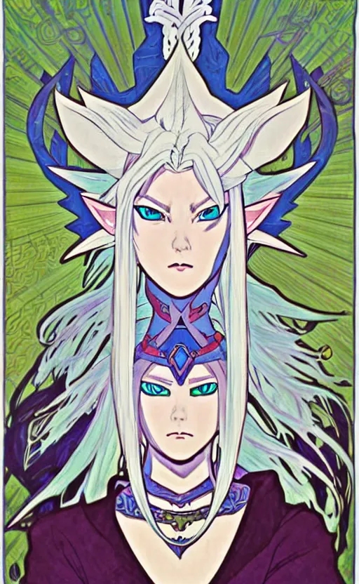 Image similar to link as the fierce diety form with white hair!! from the legend of zelda!! portrait illustration, pop art, splash painting, art by geof darrow, ashley wood, alphonse mucha, makoto shinkai