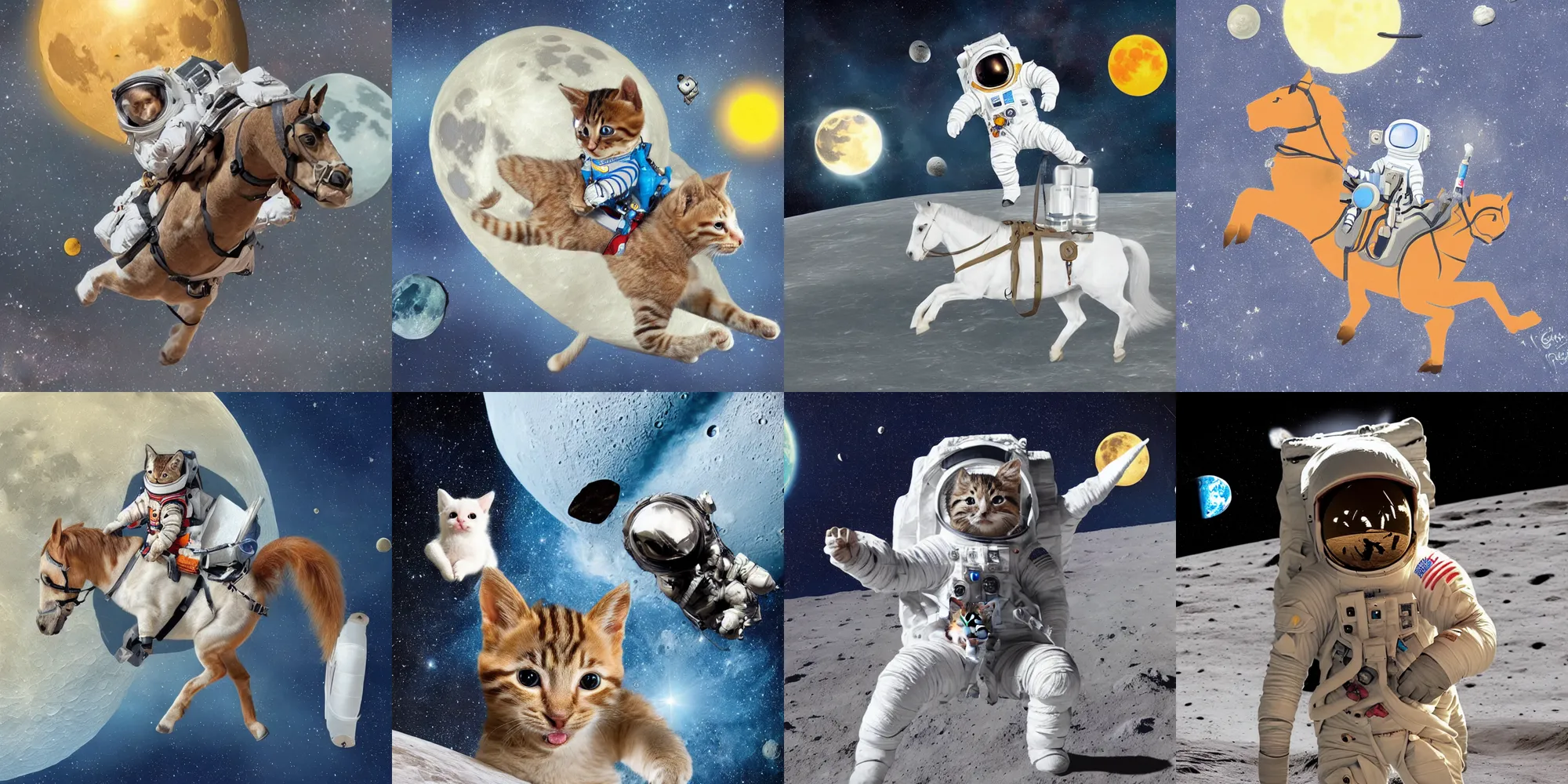 Prompt: a kitten astronaut riding a horse on the moon