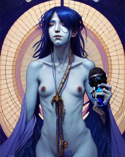 Image similar to portrait of a blue no gender djinn with a microphone, genshin impact, fantasy magic, dark light night, intricate, elegant, sharp focus, illustration, highly detailed, concept art, matte, art by wlop and artgerm and greg rutkowski and alphonse mucha and kidmo, anime, trending on artstation