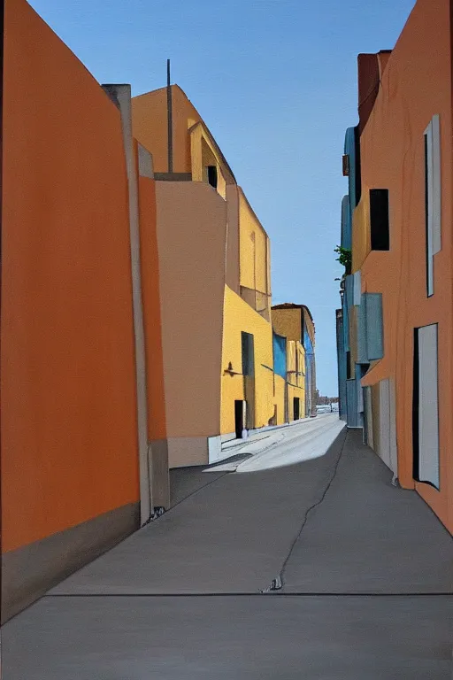 Image similar to deserted street in colonia El Viso, Madrid, realist painting by María Moreno, 1981