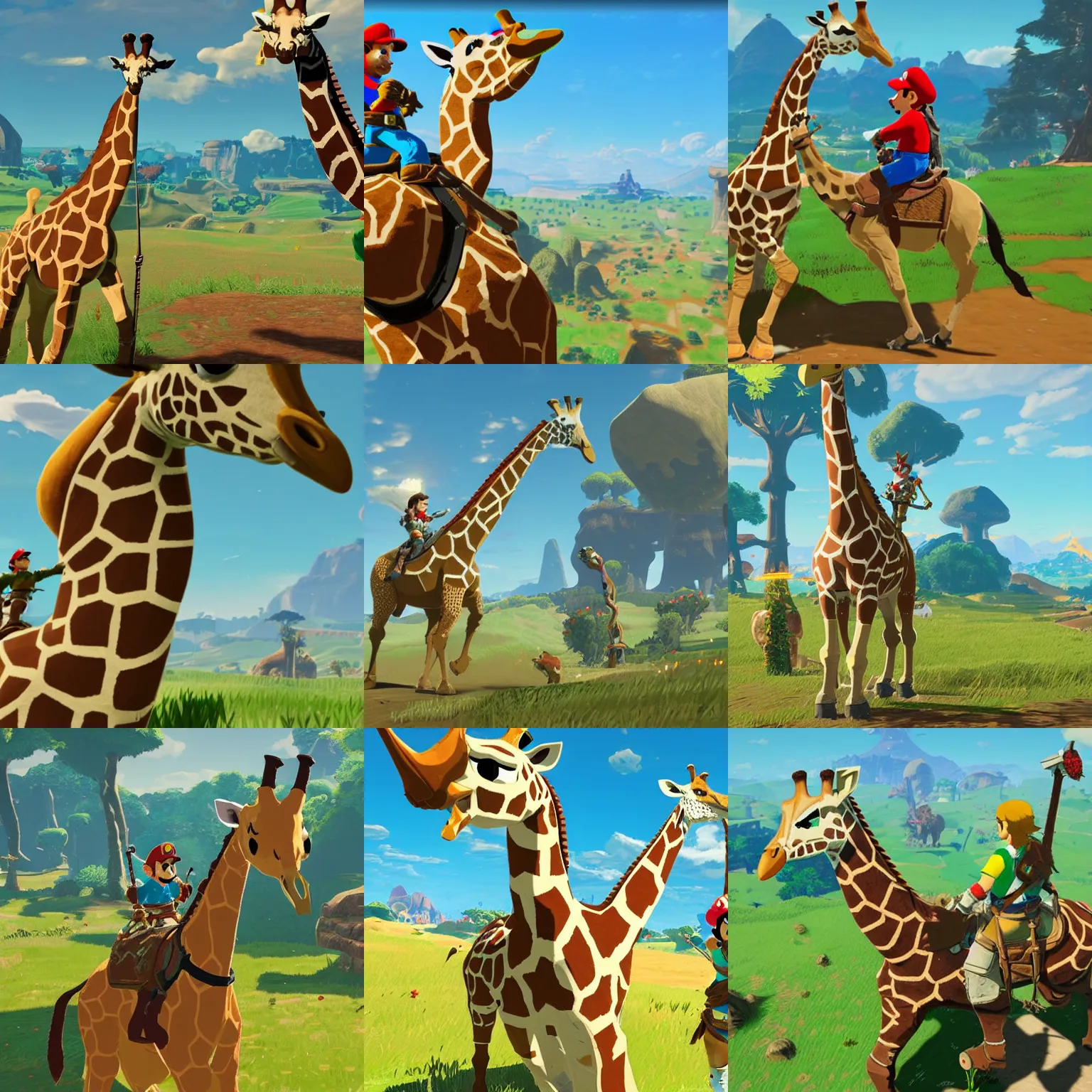 Prompt: mario riding a giraffe, breath of the wild, hd, nintendo,