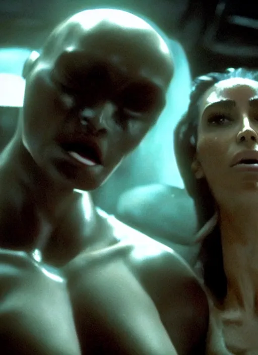 Prompt: movie still of kim kardashian being swallowed by a alien, in the movie alien. goo, saliva, sweat, oily substances.