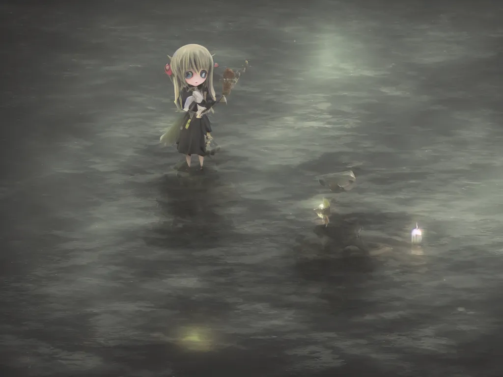 Image similar to cute fumo plush girl witch standing in reflective murky river water, volumetric fog and smoke, light shafts shining through the dusky light, moonglow, lens flare, chibi anime, vray