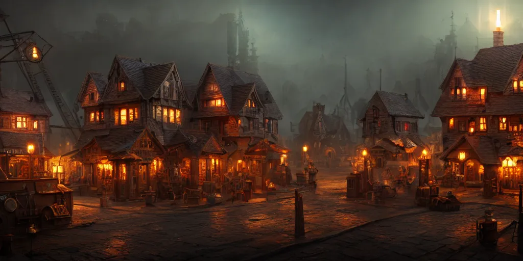 Image similar to a small steampunk wooden village, rich, cyborgs, dark aesthetic, soft colours, natural, steam, big clocks, concept art, octane render, unreal engine, in the style of luca guadagnino, highly detailed, high quality, artstation, digital art, 8 k hdr, cinematic, dramatic lighting, scenic, rich colour scheme