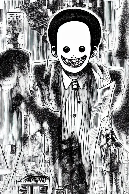 Image similar to junji ito illustration of an orange-headed businessman, creepy face, cyberpunk city