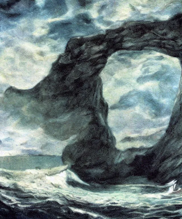 Image similar to photorealistic mixed - media painting of a 1 9 2 5 seiner sailing near a short tropical cliff with the mouth of a sea cave at the waterline, dark, brooding, atmospheric, lovecraft, horror, smooth, epic, highly detailed, cinematic, by emily carr