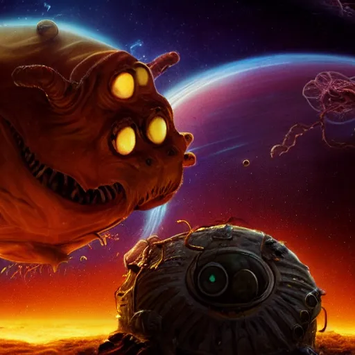 Prompt: eldritch horror bloody garfield in space, hd, 8 k, giant, epic, realistic photo, unreal engine, stars, prophecy, powerful, cinematic lighting, destroyed planet, debris, violent, sinister, ray tracing, dynamic, epic composition, dark, horrific, teeth, grotesque, scary, monochrome drawing