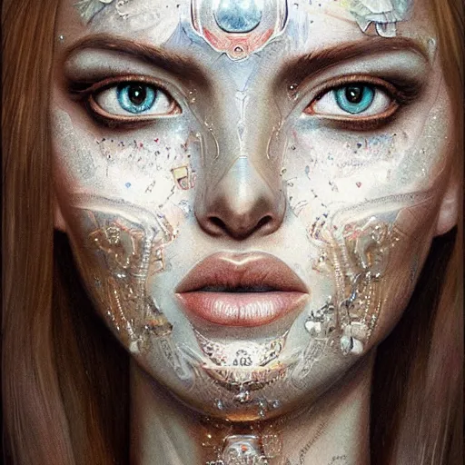 Image similar to a robotic goddess, tattoo face, jewelry skin, highly detailed, digital painting, smooth, sharp, beautiful face, expressive eyes, highly intricate, art by greg rutkowski and alex gray