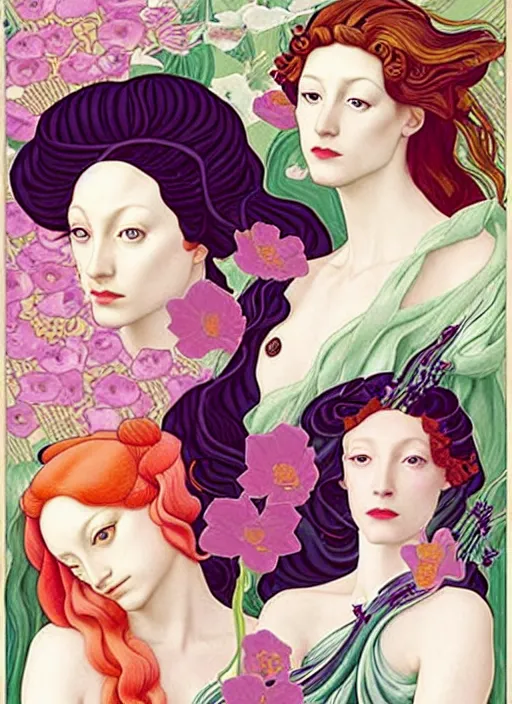 Image similar to 3 Spring Muses symbolically representing March, April, and May, in a style blending Æon Flux, Peter Chung, Shepard Fairey, Botticelli, Ivan Bolivian, and John Singer Sargent, inspired by pre-raphaelite paintings, shoujo manga, and cool Japanese street fashion, dramatically blossoming flora and fauna, petals falling everywhere, pastel vivid triad colors, hyper detailed, super fine inking lines, ethereal and otherworldly, 4K extremely photorealistic, Arnold render