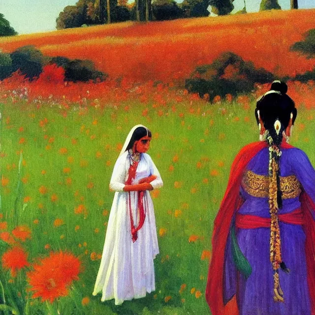 Prompt: hindu goddess kaali in distance looking at you in beautiful meadow of flower, detailed painting by edward hopper