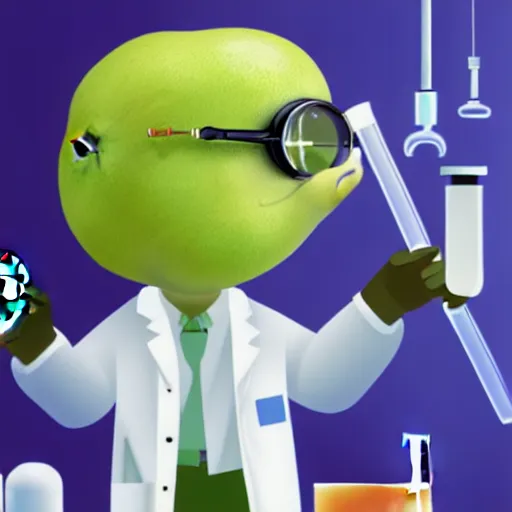 Prompt: a kiwifruit wearing a lab coat and goggles holding a test tube in a science lab, digital art, 8k, artstation