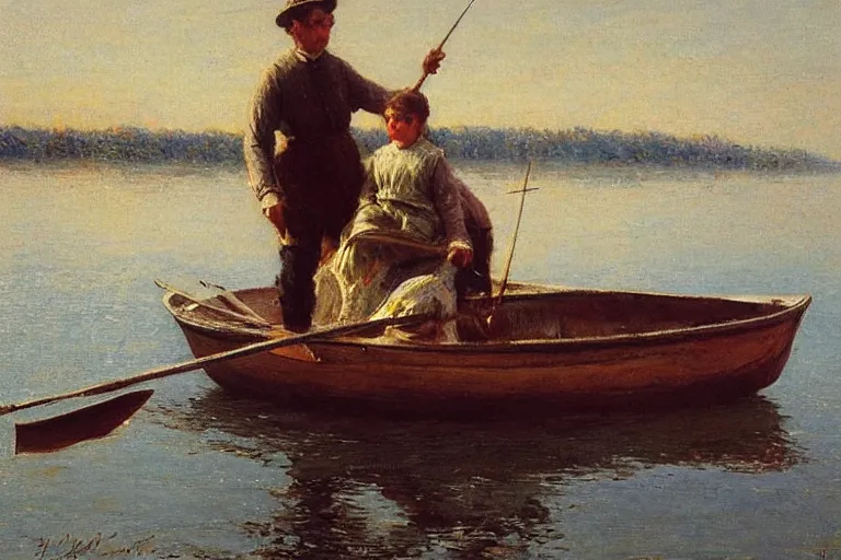 Image similar to new england fisherman, riding in a rowboat with his beautiful victorian daughter, the helping hand by painted by emile renouf,