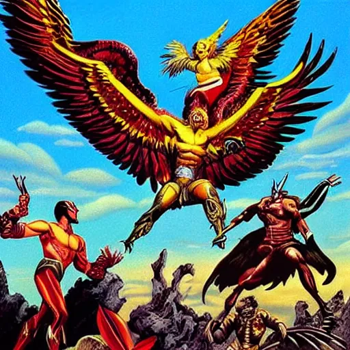 Prompt: “ a war between hawkmen from flash gordon and the flying monkeys from the wizard of oz, hyper realistic, high contrast colors, by gerald brom ”