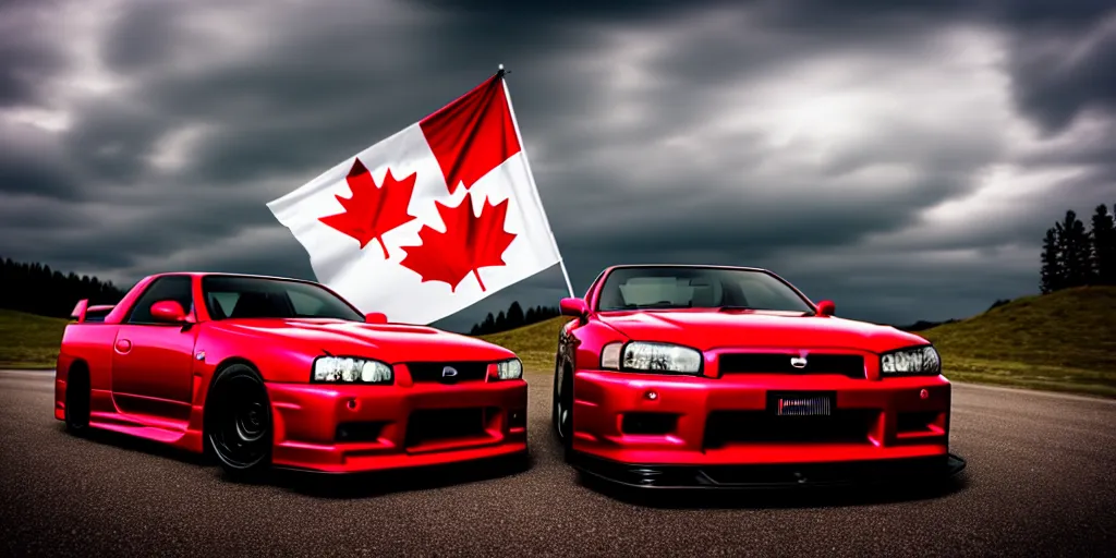 Image similar to nissan skyline r34 with Canadian flag reflection, photography, realistic