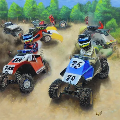 Image similar to all terrain vehicle race, painting by jerome bosch