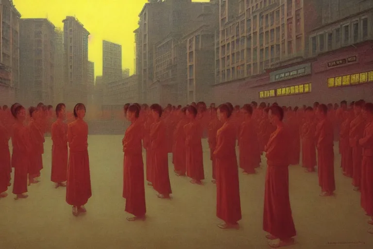 Prompt: top shot of a asian female standing center in the communist city square, crowd surround her, in the style of beksinski, parts by edward hopper, parts by rodcenko, parts by yue minjun, intricate and epic composition, insanely quality, highly detailed, masterpiece, red and yellow light, artstation, 4 k