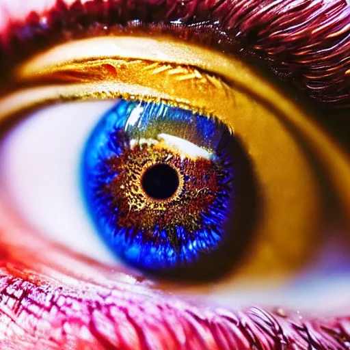 Image similar to a extremely detailed close up picture of an eye, it is made of gold powder, beautiful, colorful, macro photography