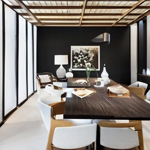 Image similar to lounge and dining room, stone, interior design, stylish luxury hotel living room design, yakisugi, black vertical slatted timber, textures, feminine, black walls, art, Japanese pottery vase with flowers, kakejiku, seasonal, Japanese influences