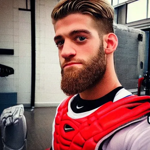 Image similar to “a realistic detailed photo of a guy who is an attractive humanoid who is half robot and half humanoid, who is a male android, baseball player Bryce Harper, shiny skin, posing like a statue, blank stare”