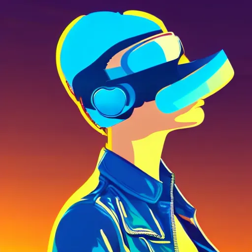 Image similar to a woman with light blue shutter shades in front of a sunset, a dark brown leather jacket, one side brown haircut with blue ends, vector art by jan tengnagel, pixabay contest winner, retrofuturism, retrowave, synthwave, outrun, portrait,