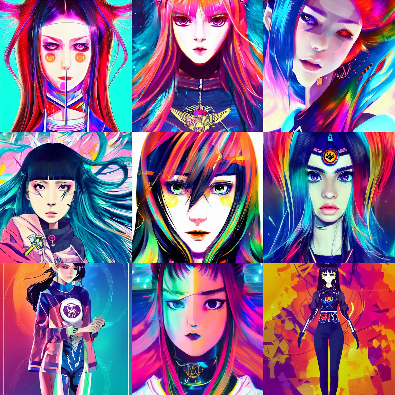 Prompt: poster woman with futuristic streetwear and long hair, colourful, pretty face, intricate eyes, elegant, Anime by Sailor Moon, Kuvshinov Ilya and Roset Conrad, 4k, HDR, Graphic Design, Behance Trending on artstation, award winning