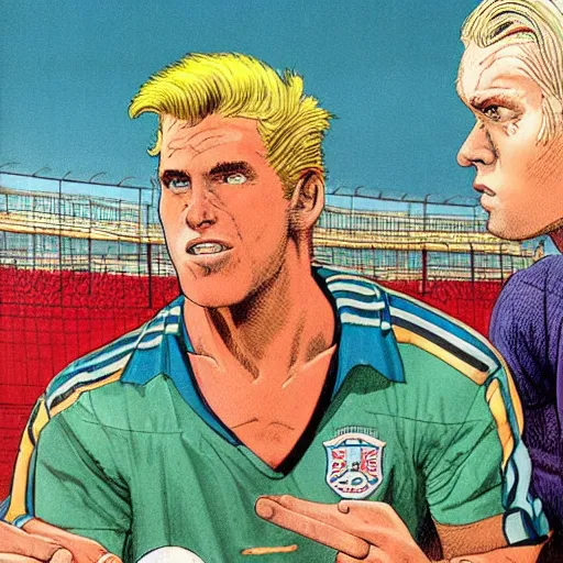 Prompt: a blonde man studying a soccer game. happy, colorful Epic portrait by james gurney and mœbius.