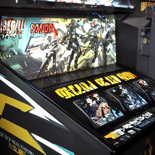 Prompt: photograph of metal gear solid themed pinball machine